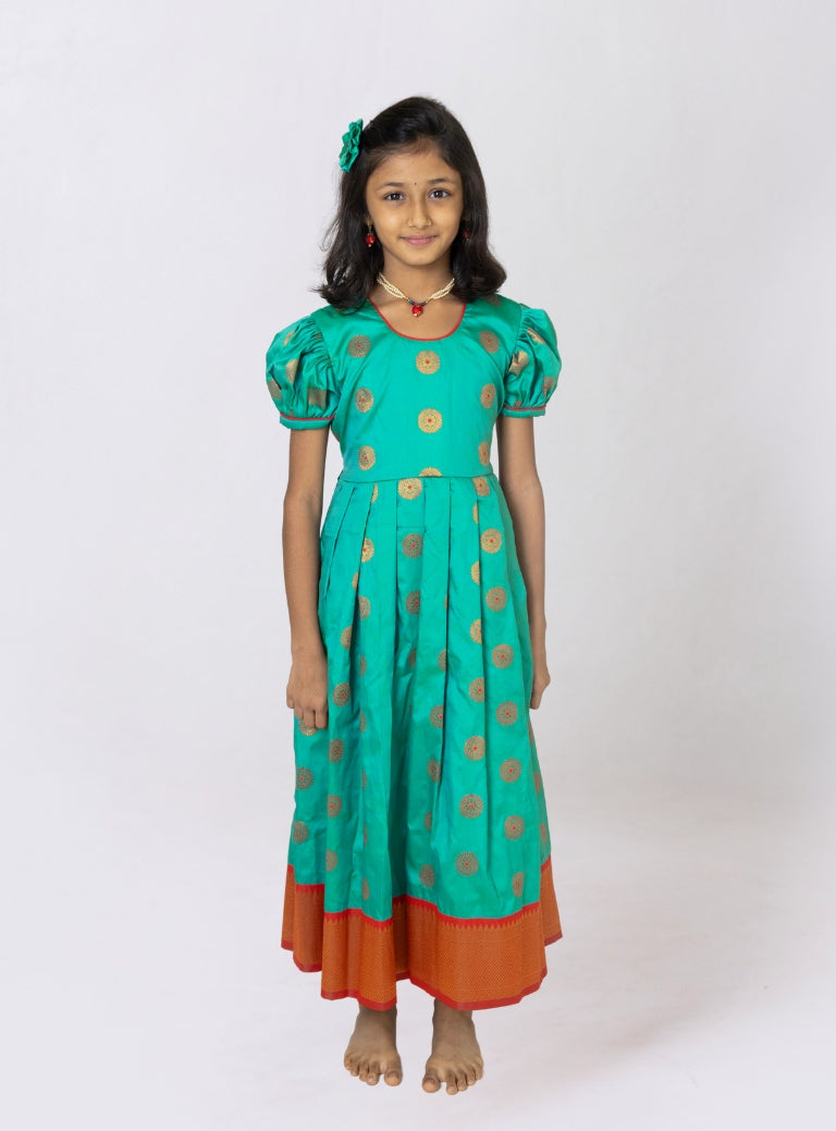 Cyan jacquard brocade silk midi dress with broad paithani border for Girls