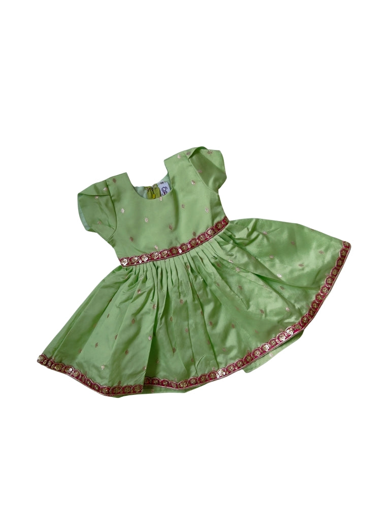 premium silk brocade paithani ethnic frock for newborn baby girl naming ceremony with hair accessories for traditional celebrations, festivals, annaprashan etc