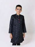 Black taffeta silk side placket kurta with sequined lace embellishment for Boys