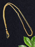 Janav / Yagnopavit / Sacred Thread with Gold plated MS chain and gold plated finding.The Janav/Yagnopavit/Sacred Thread is received by the batu,that he continues wearing from left shoulder to the right crossing the chest.Mundavalya,kanthi,bhikbali,topi,pagdi are boys accessories exclusively designed using Pearls,jadau & gold plated findings for Batu,for Upanayan/Vratabandha/munj /thread ceremony.  