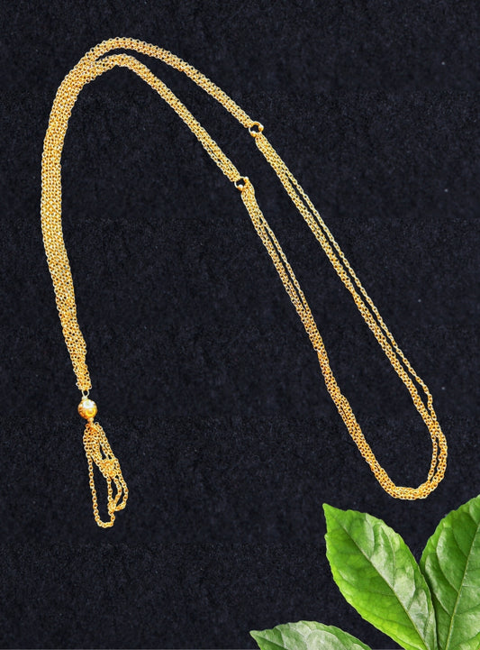 Janav / Yagnopavit / Sacred Thread with Gold plated MS chain and gold plated finding.The Janav/Yagnopavit/Sacred Thread is received by the batu,that he continues wearing from left shoulder to the right crossing the chest.Mundavalya,kanthi,bhikbali,topi,pagdi are boys accessories exclusively designed using Pearls,jadau & gold plated findings for Batu,for Upanayan/Vratabandha/munj /thread ceremony.  