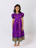 Purple jacquard brocade silk midi dress with broad paithani border for Girls.Let your princess be as comfortable as in her casuals with carefully designed and crafted Comfort Ethnic Wear by Soyara Ethnics. Keep her fashion quotient high with timeless patterns, vibrant combinations and royal textiles.