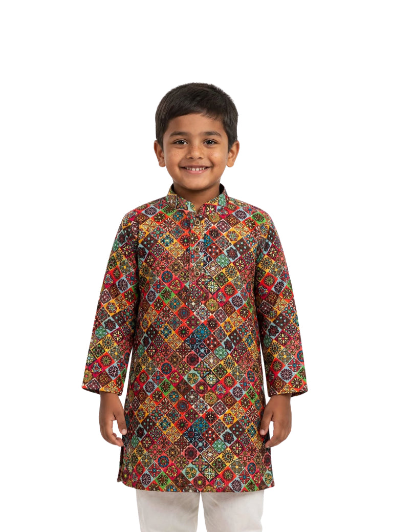 Multicolor Digital Printed Tussar Silk Stand Collar Kurta