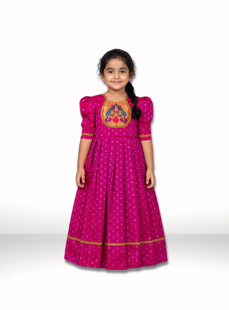 Pink Brocade Silk Flared Gown With Paithani Motif Yoke