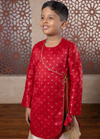 Maroon raw silk angarakha kurta with gotta patti overlap and golden tie knots with beautiful latkans for Batu