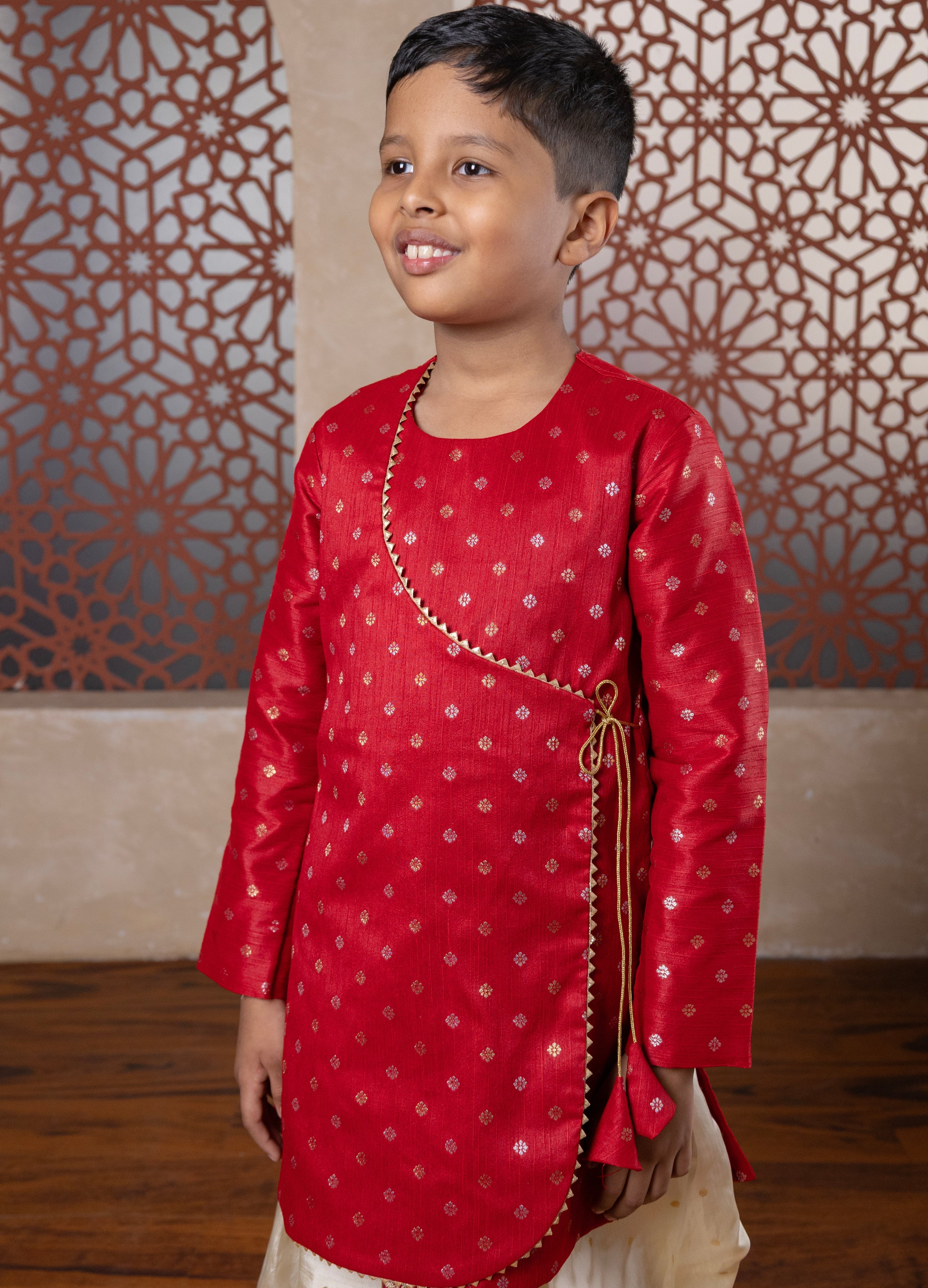 Maroon raw silk angarakha kurta with gotta patti overlap and golden tie knots with beautiful latkans for Batu