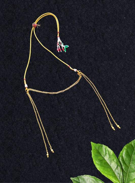 Gold plated MS chain Mundavali with gold plated findings for Vratbandha Ceremony.Mundavalya,kanthi,bhikbali,topi,pagdi are boys accessories exclusively designed using Pearls,glass beads,jadau & gold plated findings for Batu,for Upanayan/Vratabandha/munj /thread ceremony.