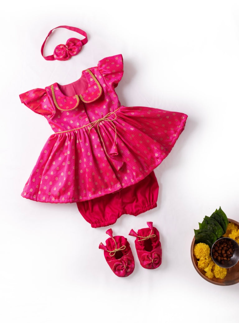 Mohini set - Hot pink brocade silk front open dress with Peter pan collar comes with coordinated headband ,booties with  bloomers  for new born baby girl.Traditional dress for Noolukettu Ceremony,Pachavi Puja,cradle ceremony,Rice Ceremony,Chatti Puja etc.Apt gifting idea

