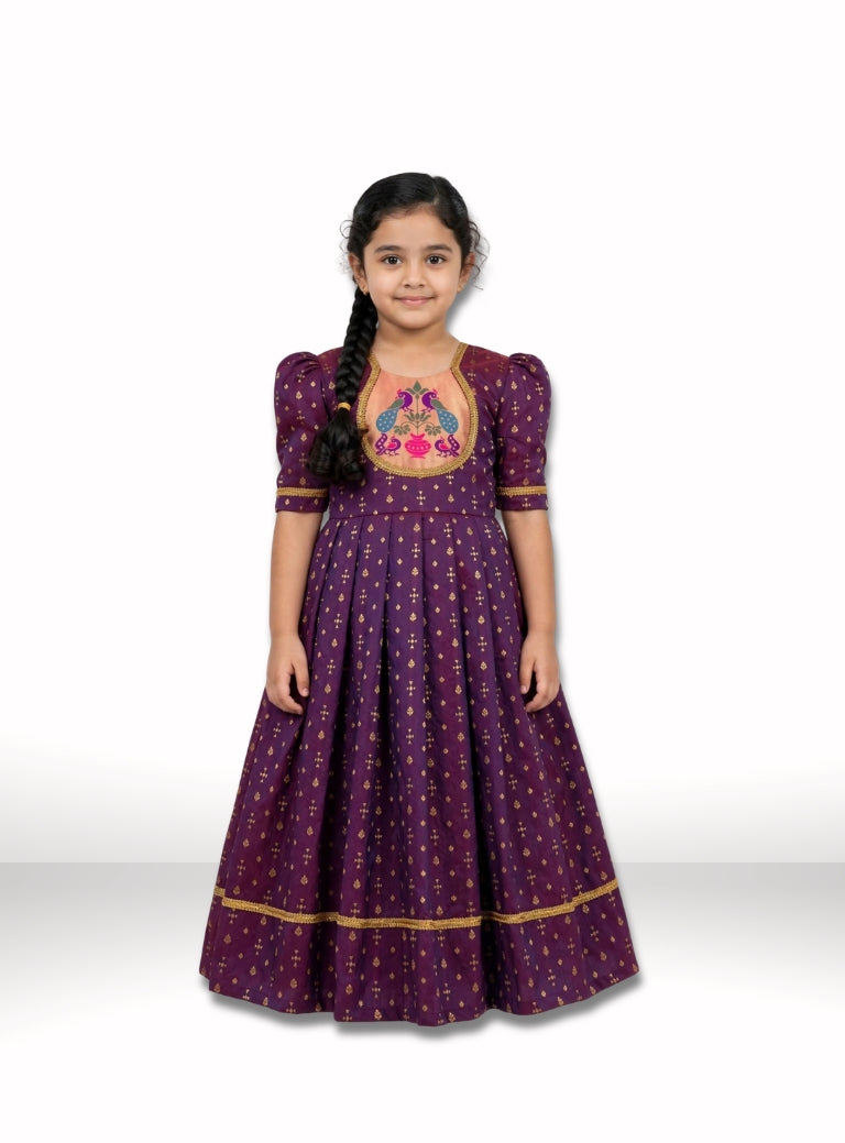 Wine Brocade Silk Flared Gown With Paithani Motif Yoke