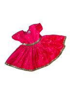 premium silk brocade paithani ethnic frock for newborn baby girl naming ceremony with hair accessories for traditional celebrations, festivals, annaprashan etc