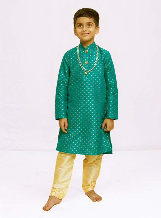 Emerald green brocade silk stand collar kurta with a cotton silk salwar and Paithani Shela.Kurtas with collar or Angrakha pattern teamed with salwar are the best choice for any festive occasion for boys. They are Trendy, Easy to wear and comfortable to carry.