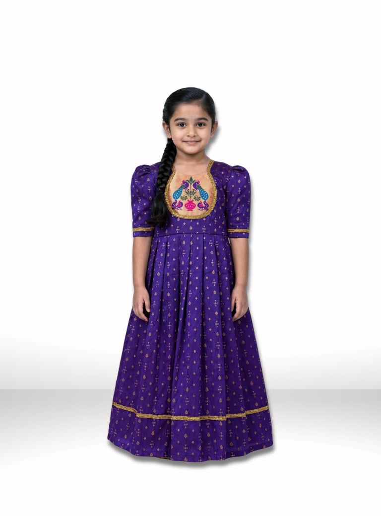 Purple Brocade Silk Flared Gown With Paithani Motif Yoke