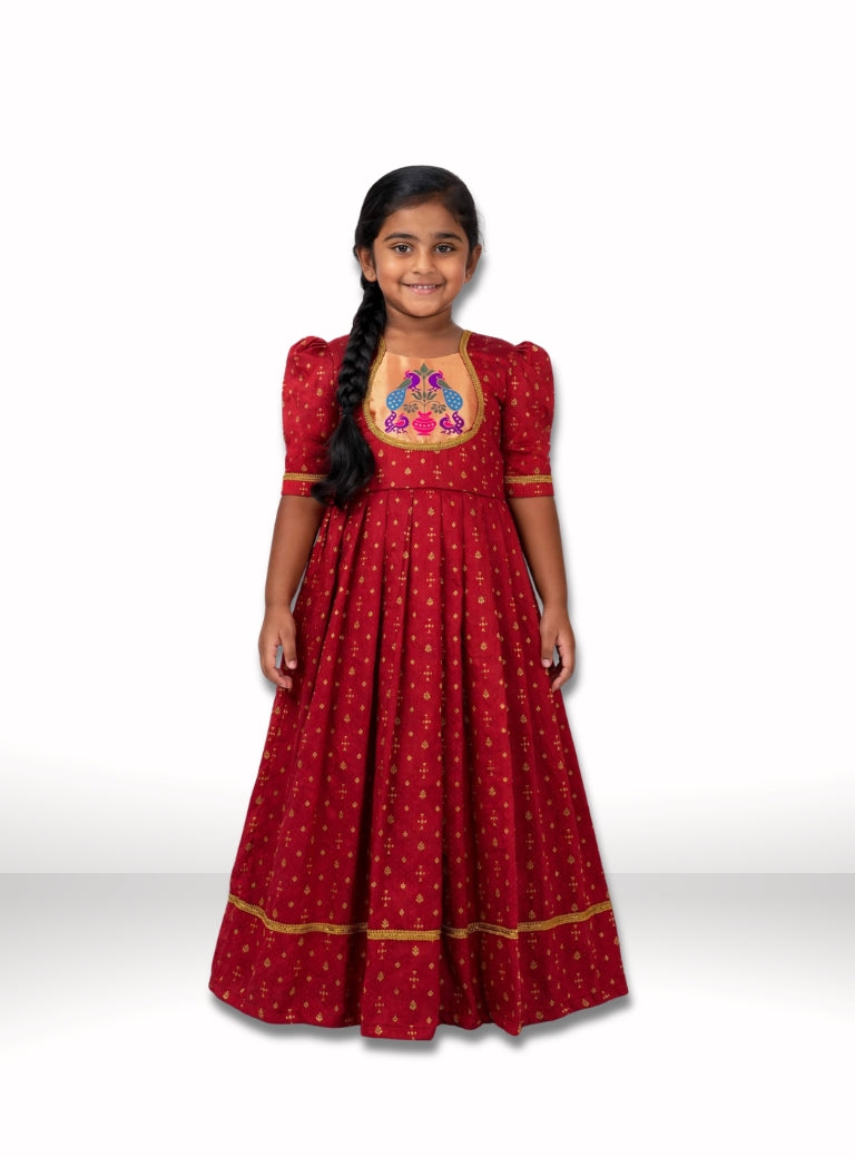Maroon Brocade Silk Flared Gown With Paithani Motif Yoke