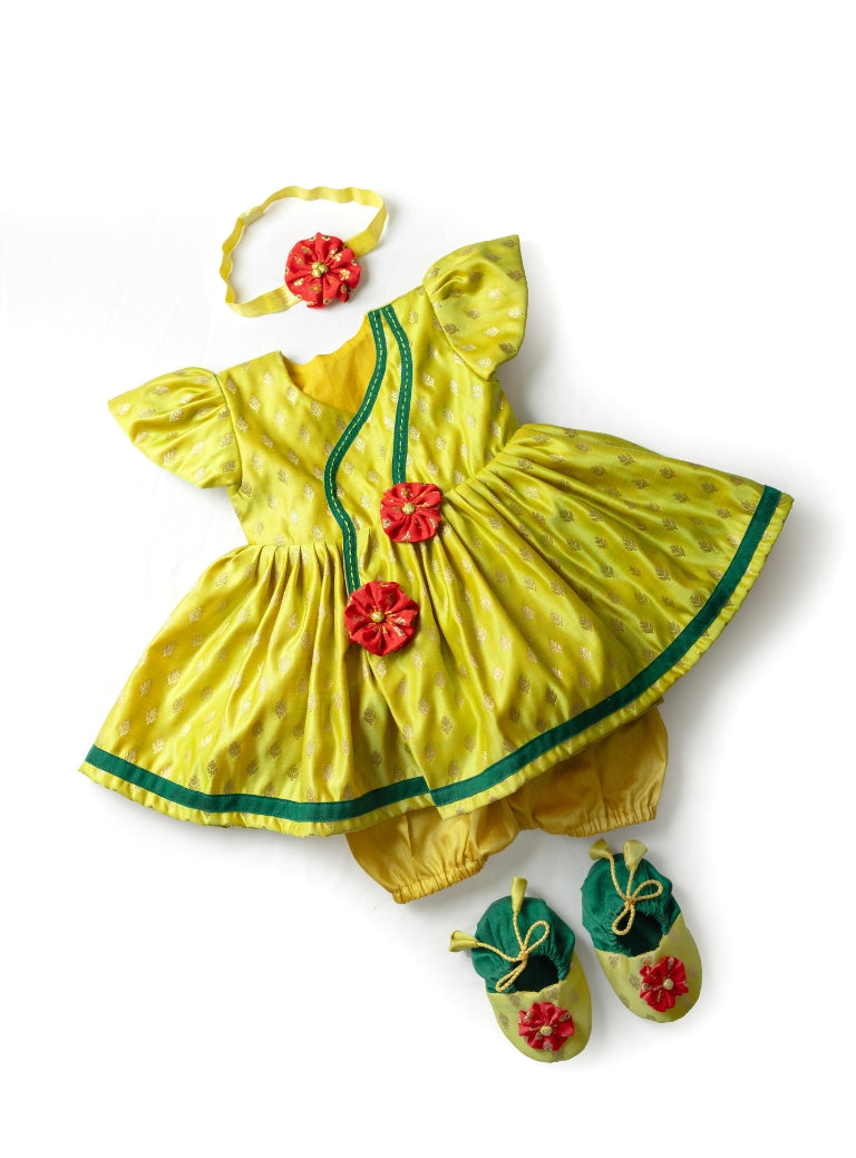 Chaitra set - Fresh Olive Premium Banaras brocade silk front open dress with curved neckline and handmade fabric flower embellishments for New born baby girl.Traditional dress for Noolukettu Ceremony,Pachavi Puja,cradle ceremony,Rice Ceremony,Chatti Puja etc.Apt gifting idea 