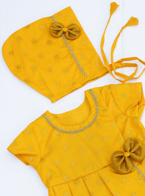 Anvi Set - Yellow Brocade silk front open box pleated Newborn dress with a cute little bow detailing