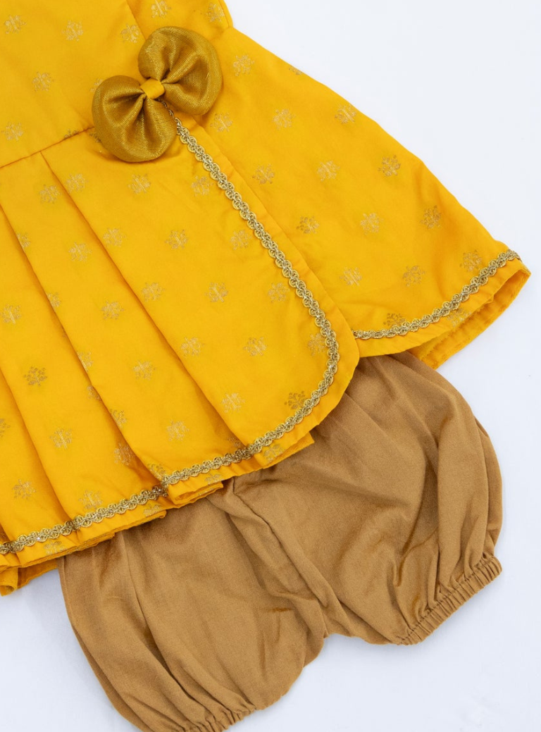 Anvi Set - Yellow Brocade silk front open box pleated Newborn dress with a cute little bow detailing