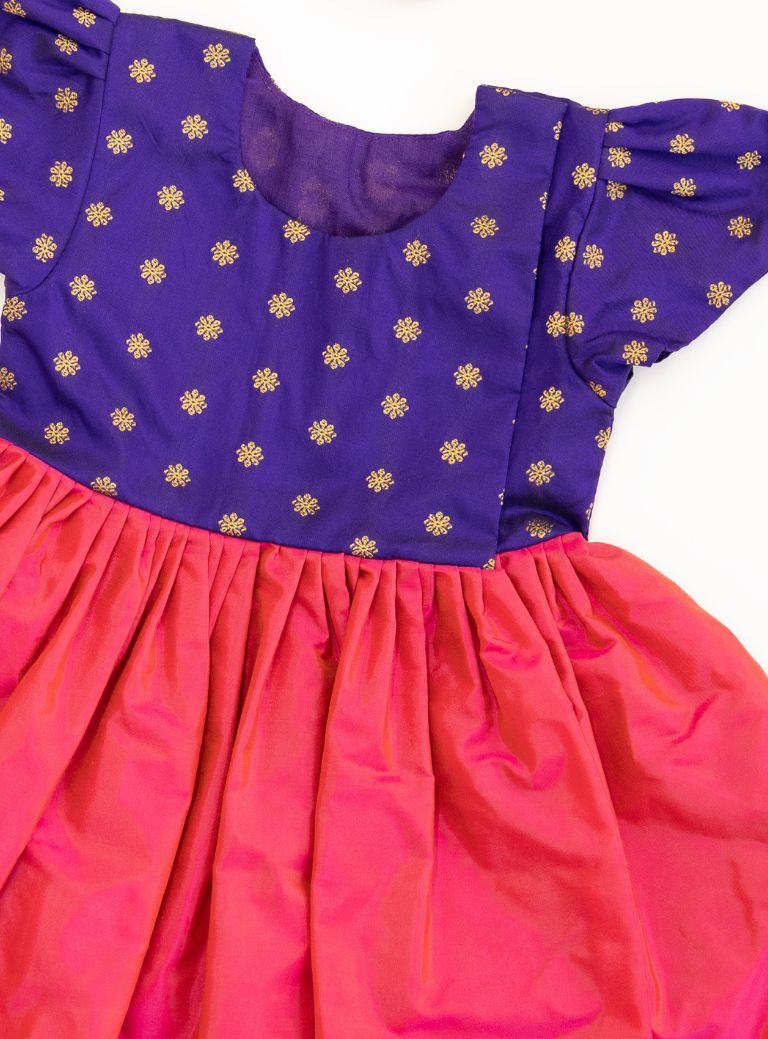 Anaya Set - Royal Purple brocade with Rani Pink malai silk front open flared newborn baby girl frock
