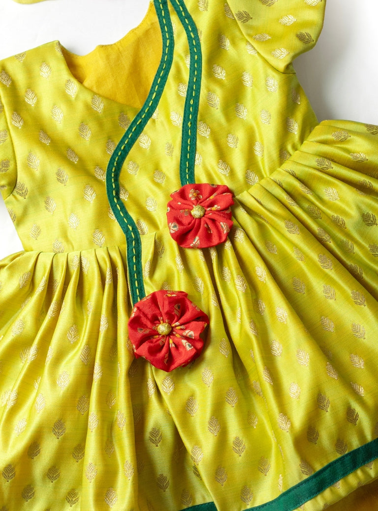 Chaitra set - Fresh Olive Premium Banaras brocade silk front open dress with curved neckline and handmade fabric flower embellishments for New born baby girl