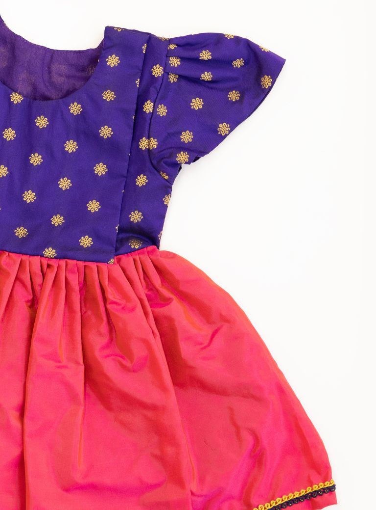Anaya Set - Royal Purple brocade with Rani Pink malai silk front open flared newborn baby girl frock