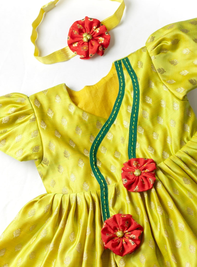 Chaitra set - Fresh Olive Premium Banaras brocade silk front open dress with curved neckline and handmade fabric flower embellishments for New born baby girl