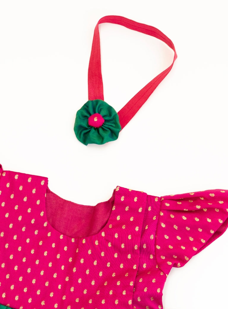 Anaya Set - Magenta brocade with Green malai silk front open flared newborn baby girl frock