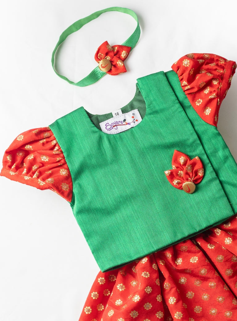 Nandini Set - Red Brocade silk Paithani border Ghagra with front open Green slub silk choli with puff sleeves for New born baby girl