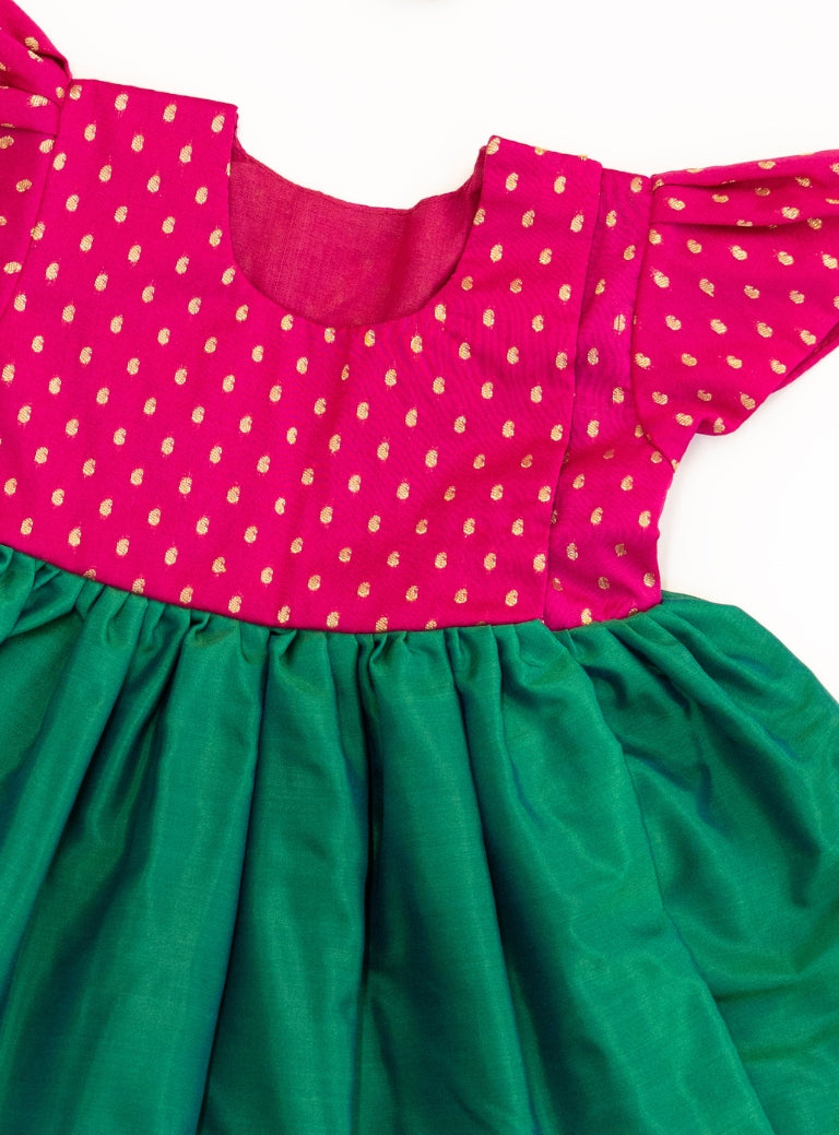 Anaya Set - Magenta brocade with Green malai silk front open flared newborn baby girl frock