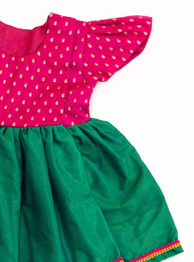 Anaya Set - Magenta brocade with Green malai silk front open flared newborn baby girl frock
