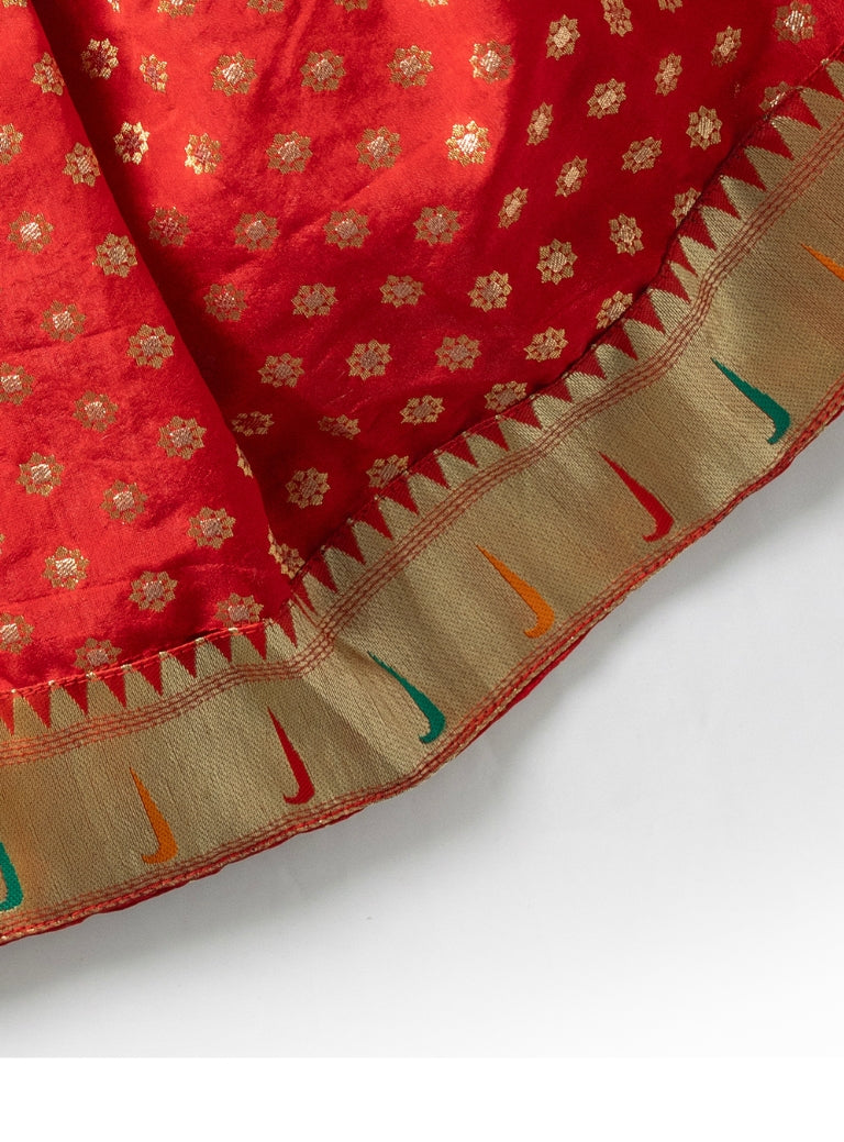 Nandini Set - Red Brocade silk Paithani border Ghagra with front open Green slub silk choli with puff sleeves for New born baby girl