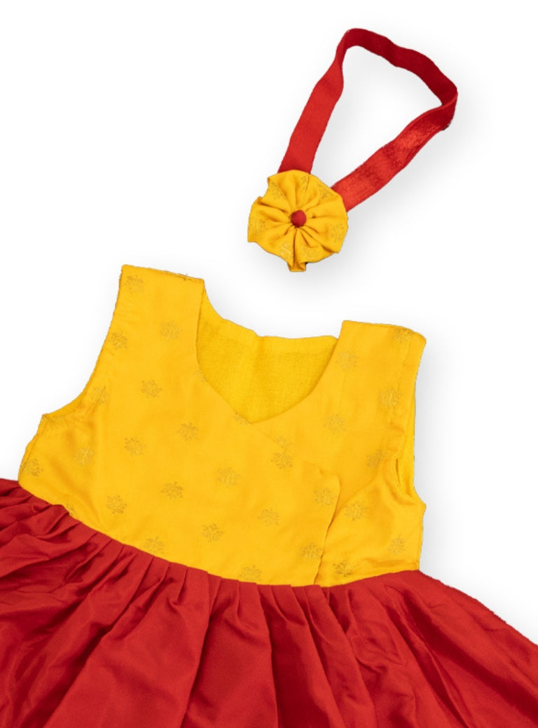 Saguna Baby Girl Yellow & Red Silk Dress With Headband