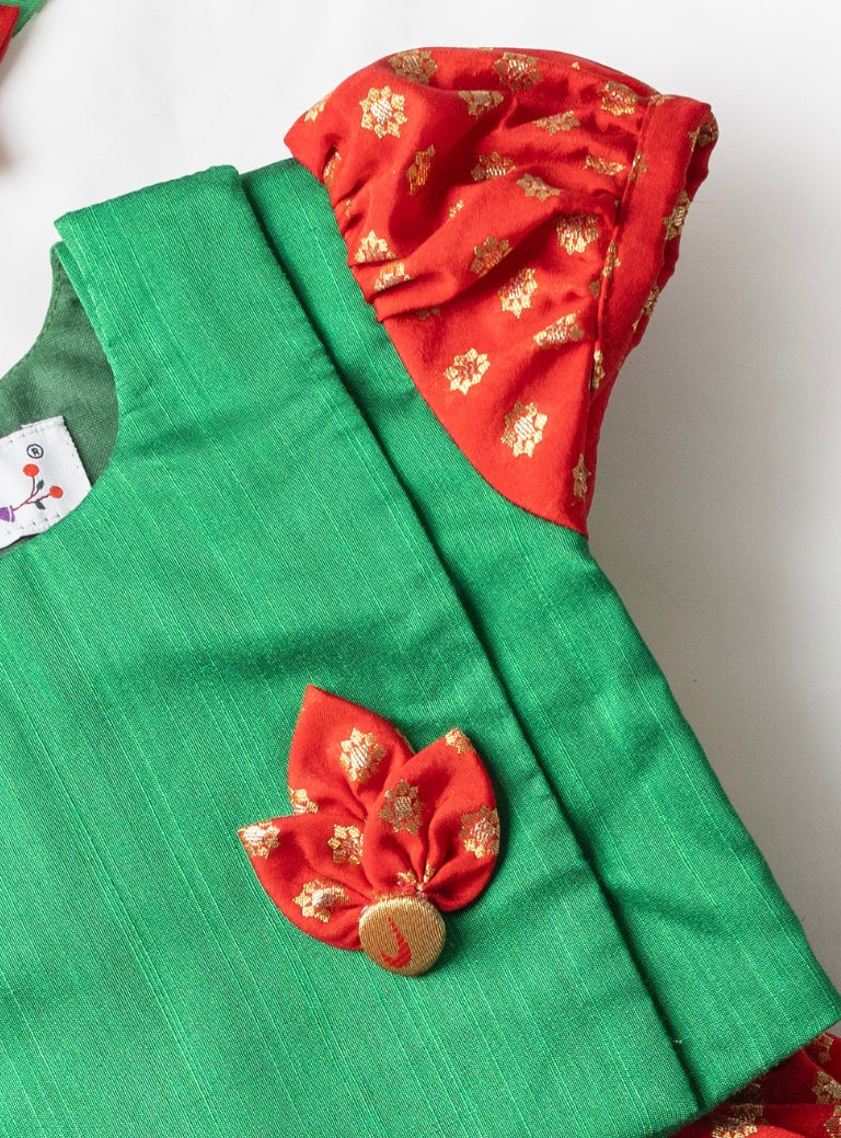 Nandini Set - Red Brocade silk Paithani border Ghagra with front open Green slub silk choli with puff sleeves for New born baby girl