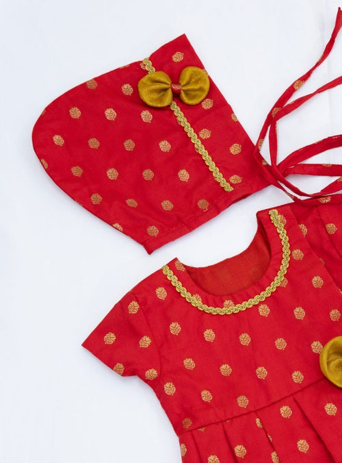 Anvi Set - Red Brocade silk front open box pleated Newborn dress with a cute little bow detailing