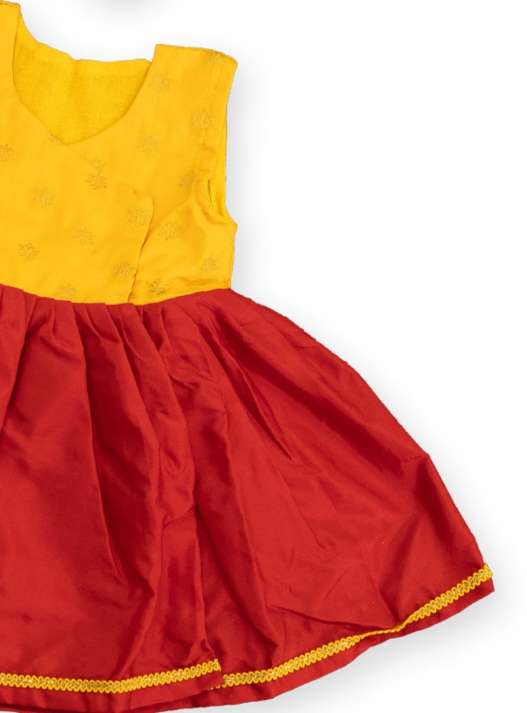 Saguna Baby Girl Yellow & Red Silk Dress With Headband