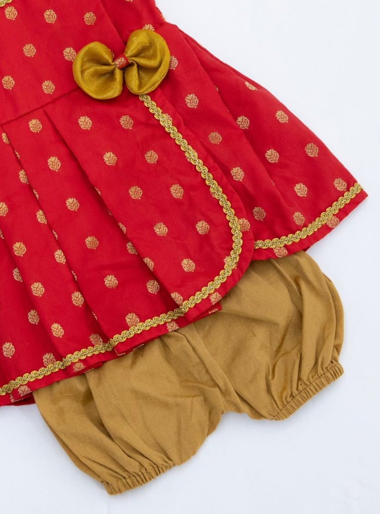 Anvi Set - Red Brocade silk front open box pleated Newborn dress with a cute little bow detailing