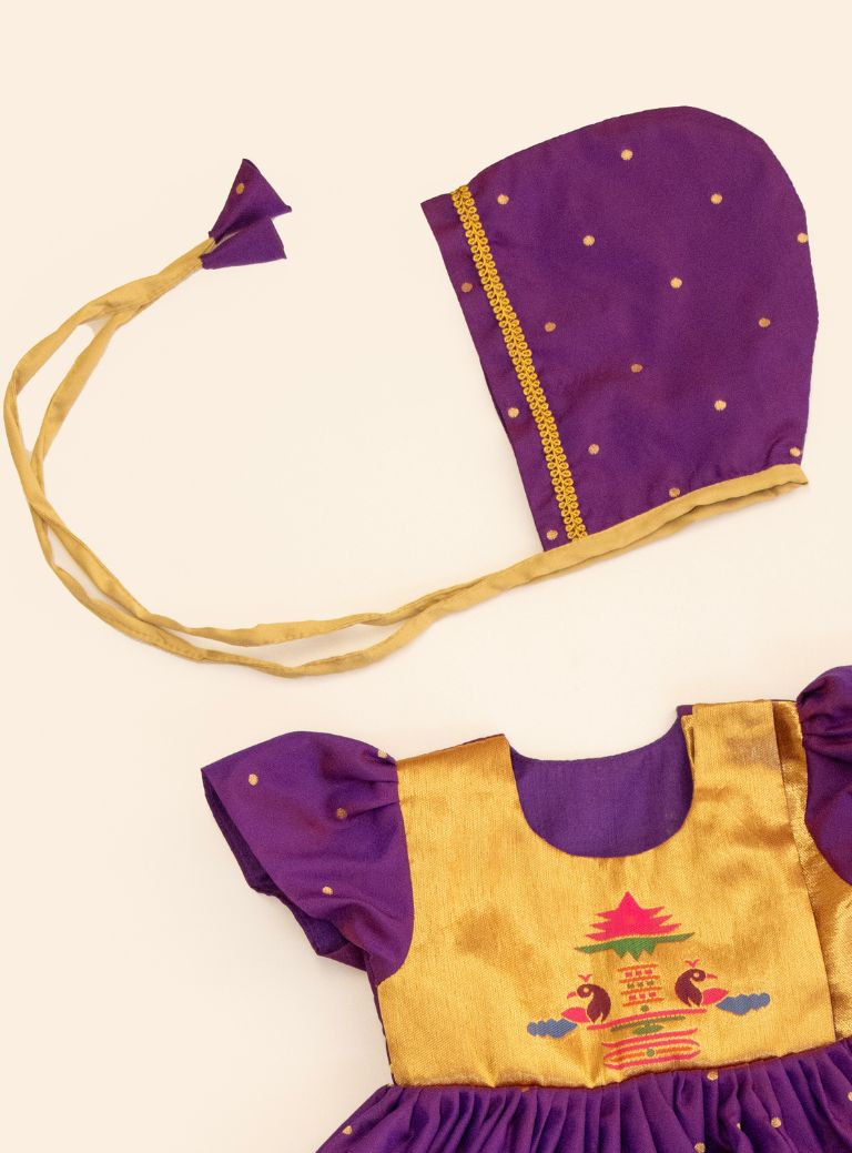 Radnyee Set - Purple Paithani Peacock Motif and delicate butta brocade silk,front open newborn dress for naming ceremony with coordinated bonnet, bloomer and booties
