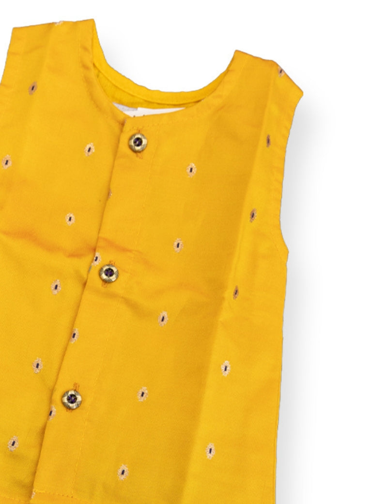 Daksh Baby Boy Yellow Brocade Silk Vest & Blue Pants Set