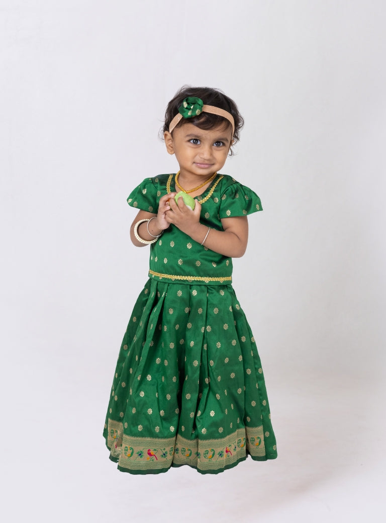 Bottle green Paithani brocade silk border Parkar Polka with puffed cap sleeves and golden lace embelishment around neck and waistline for girls