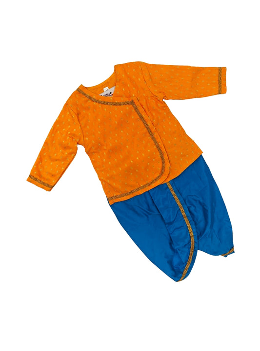Hemant Set - Mango Yellow brocade silk kurta , Blue cotton silk dhoti set for a baby boy