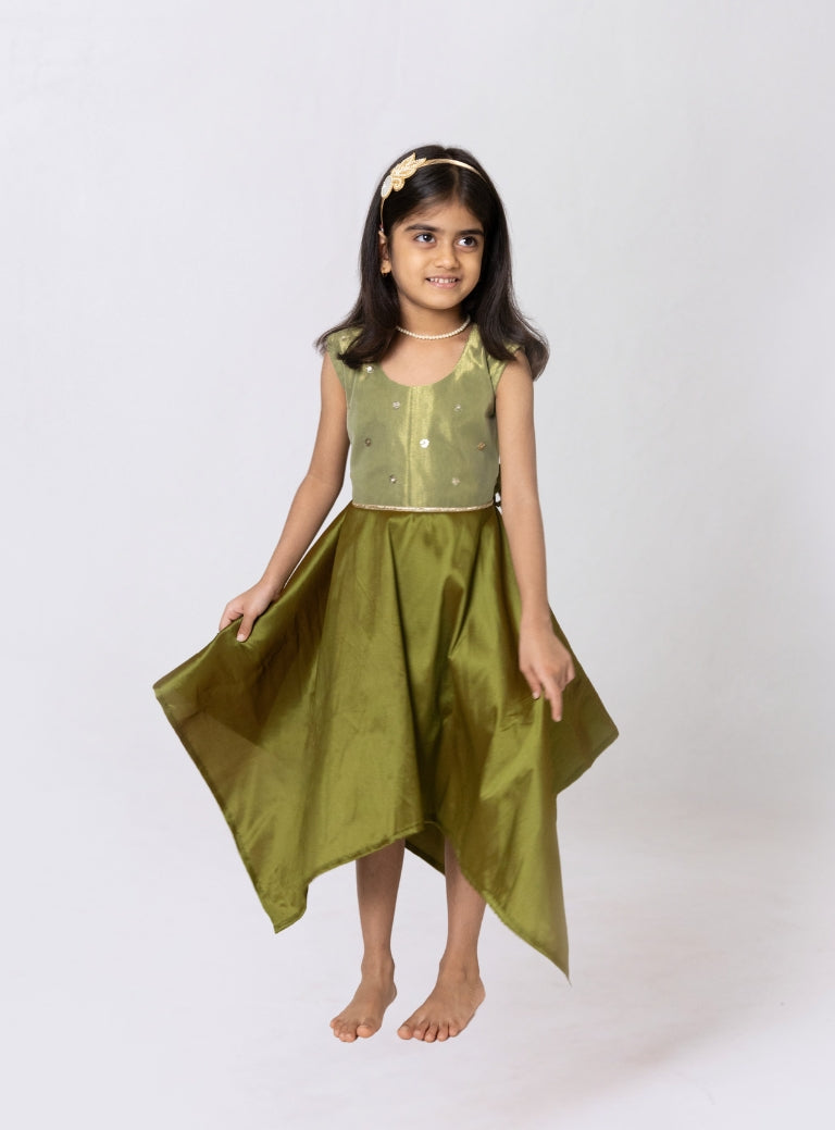 Olive green Taffeta silk kite dress with sequined bodice embellished with zari lace for Girls