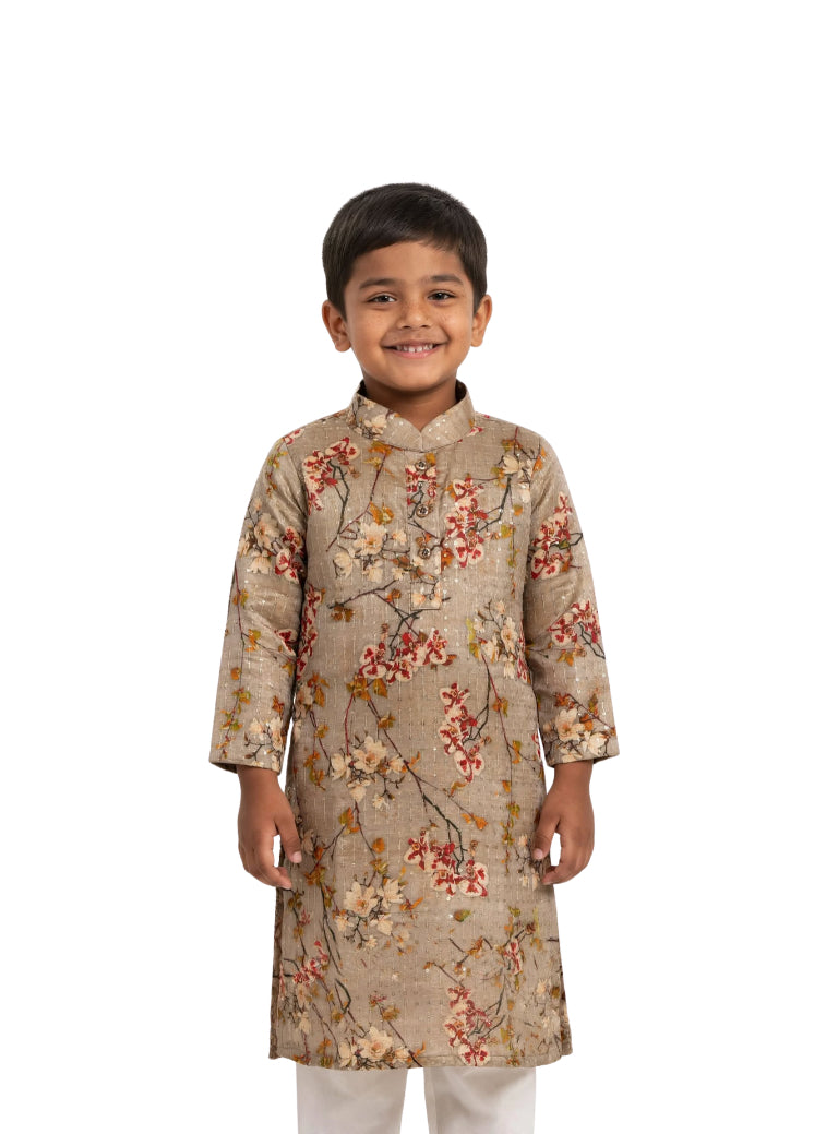 Grey Digital Printed Tussar Silk Stand Collar Kurta