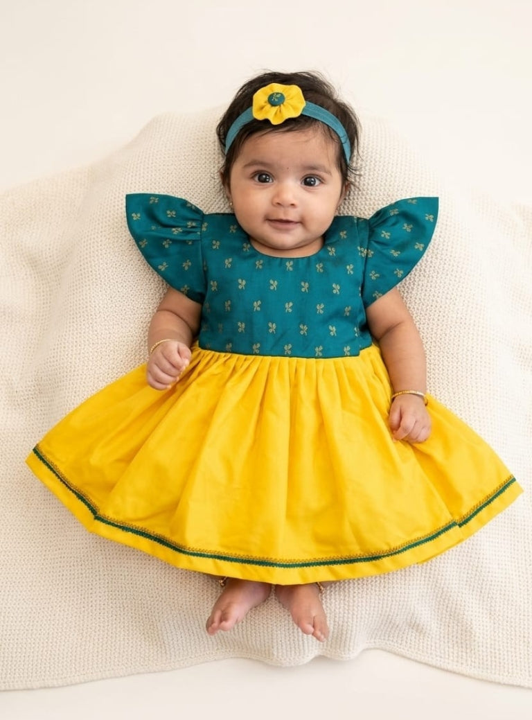 Anaya Rama Green Brocade & Yellow Silk Baby Frock With Headband
