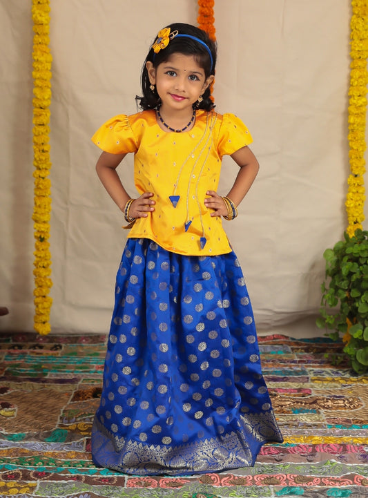 Royal Blue Banaras brocade parkar with intricate woven Border teamed with Yellow soft brocade Polka for Girls