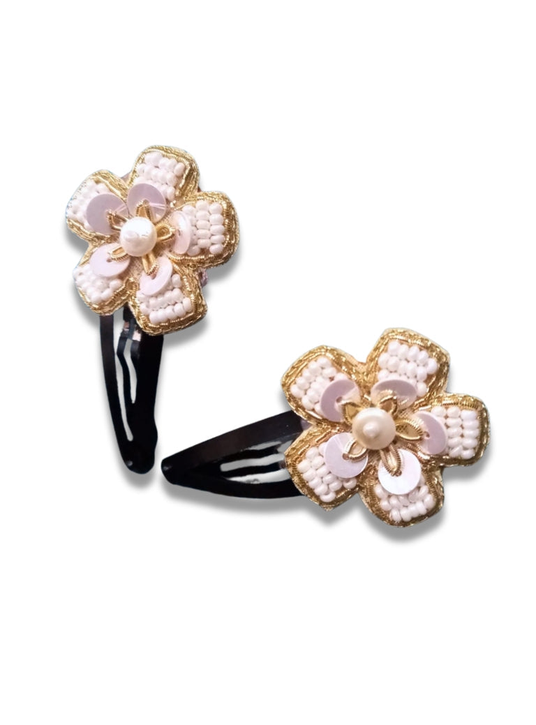 Pearls embellished flower shaped Set of 2 hair clips.