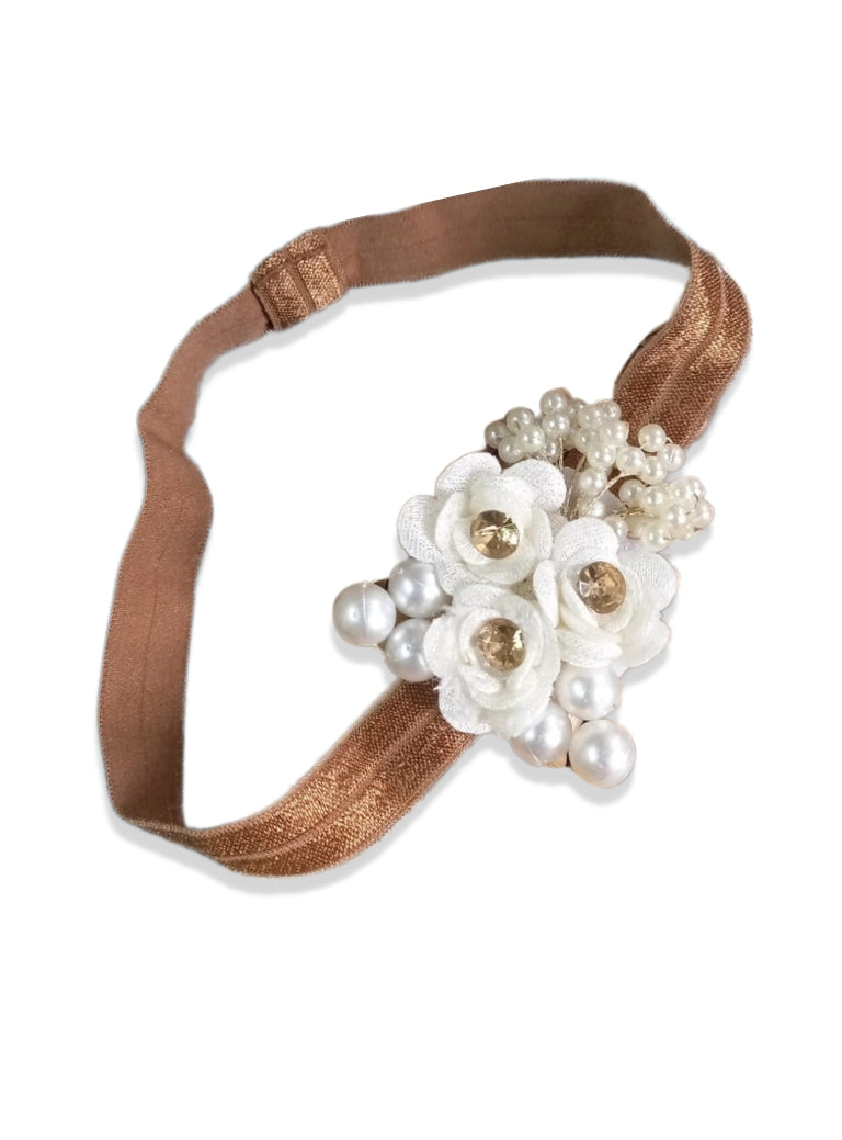Golden stretchable headband with beautiful Ivory fabric flowers and pearls embellishments