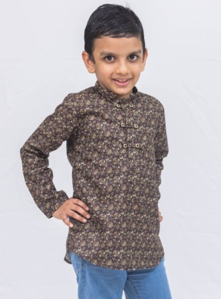 Coffee brown satin cotton Paisley printed short kurta with detailed placket pattern for Boys