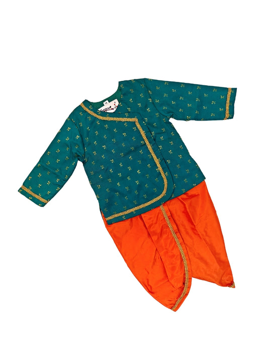 Hemant Set - Peacock Green brocade silk kurta , Orange cotton silk dhoti set for a baby boy