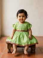 Lime Green Taffeta Flared Baby Girl Frock With Pink Lace & Tulip Sleeves
