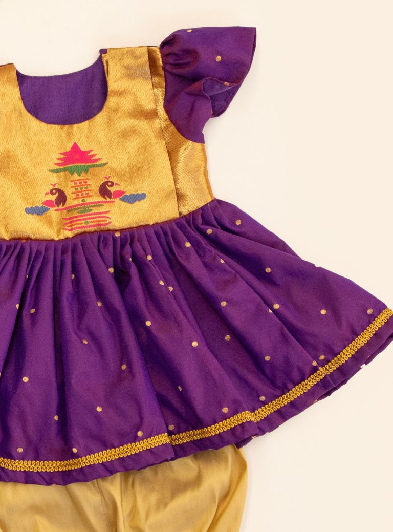 Radnyee Set - Purple Paithani Peacock Motif and delicate butta brocade silk,front open newborn dress for naming ceremony with coordinated bonnet, bloomer and booties