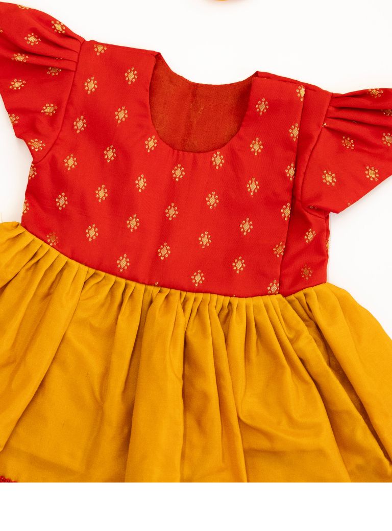 Anaya Set - Red brocade with Mustered Yellow malai silk front open flared newborn baby girl frock