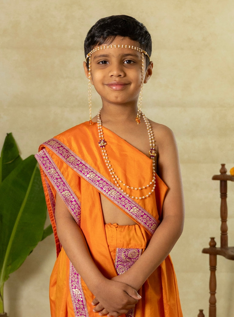 Saffron orange mysore silk sovale Uparane set with dainty magenta banarasi border for Batu
